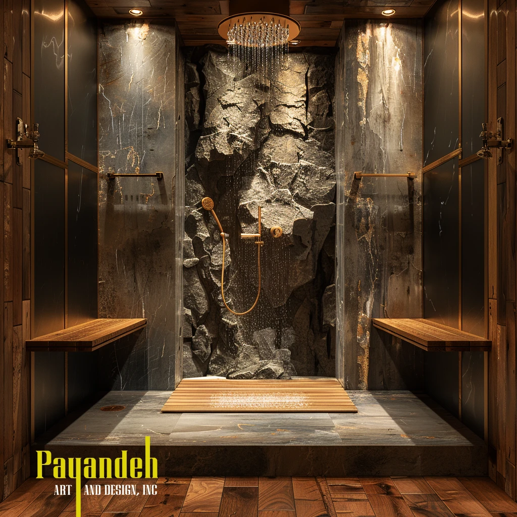 Luxurious bathroom with cream stone walls, bed and small spa