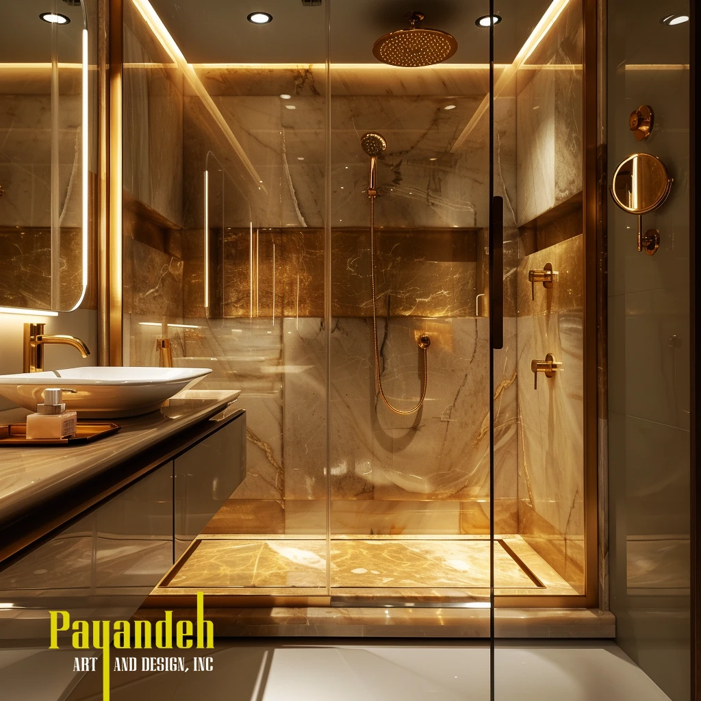 Luxurious bathroom with cream stone walls, bed and small spa