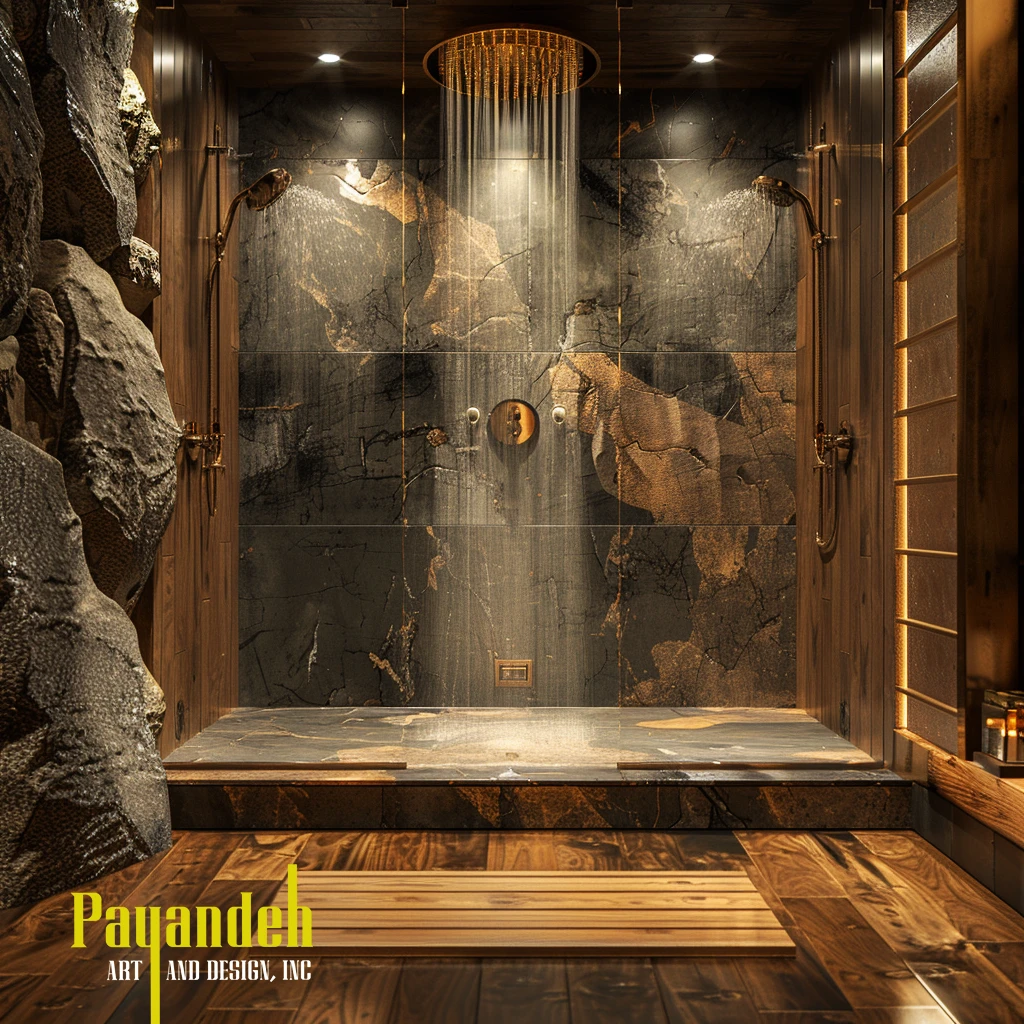 Luxurious bathroom with cream stone walls, bed and small spa