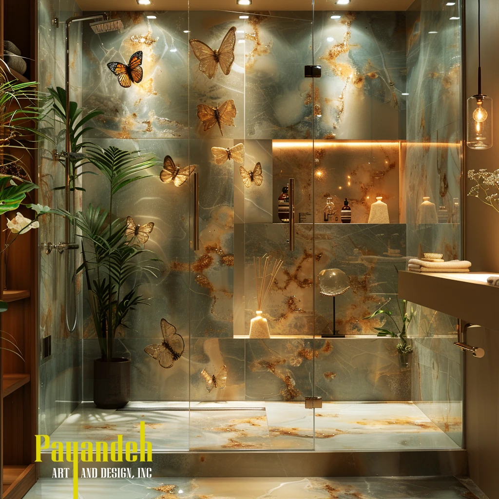 Luxurious bathroom with cream stone walls, bed and small spa