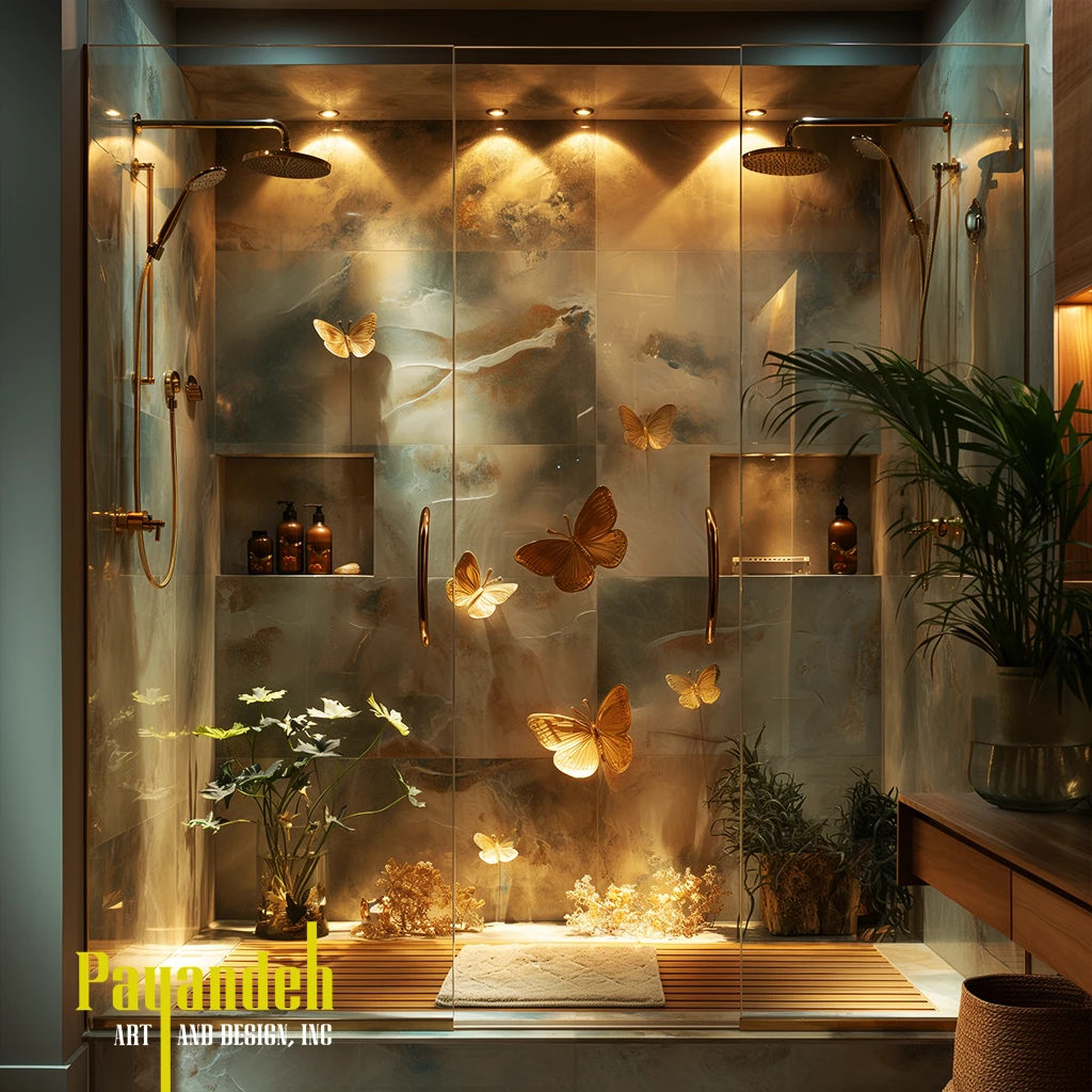 Luxurious bathroom with cream stone walls, bed and small spa
