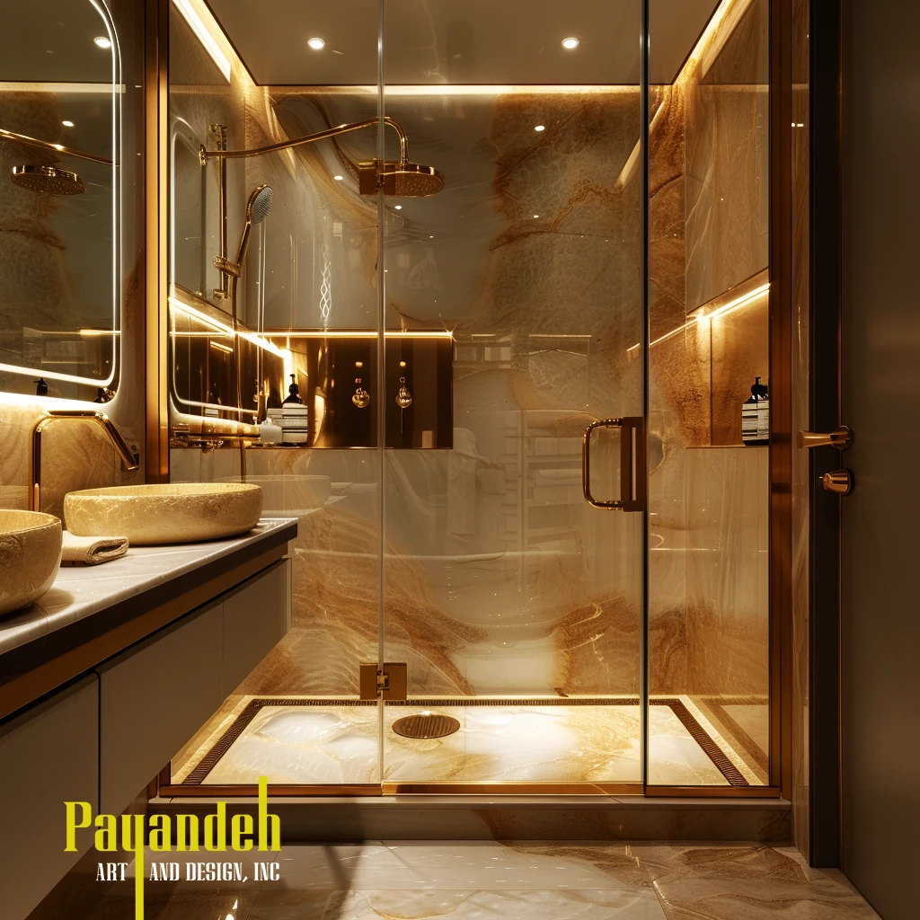 Luxurious bathroom with cream stone walls, bed and small spa