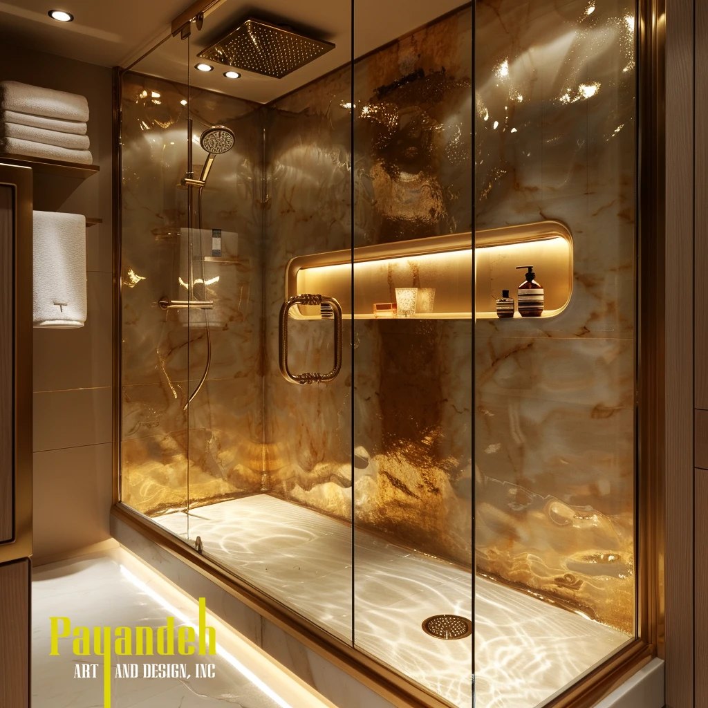 Luxurious bathroom with cream stone walls, bed and small spa