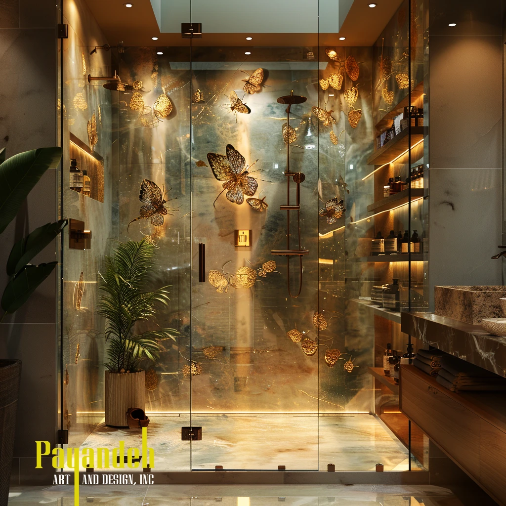 Luxurious bathroom with cream stone walls, bed and small spa