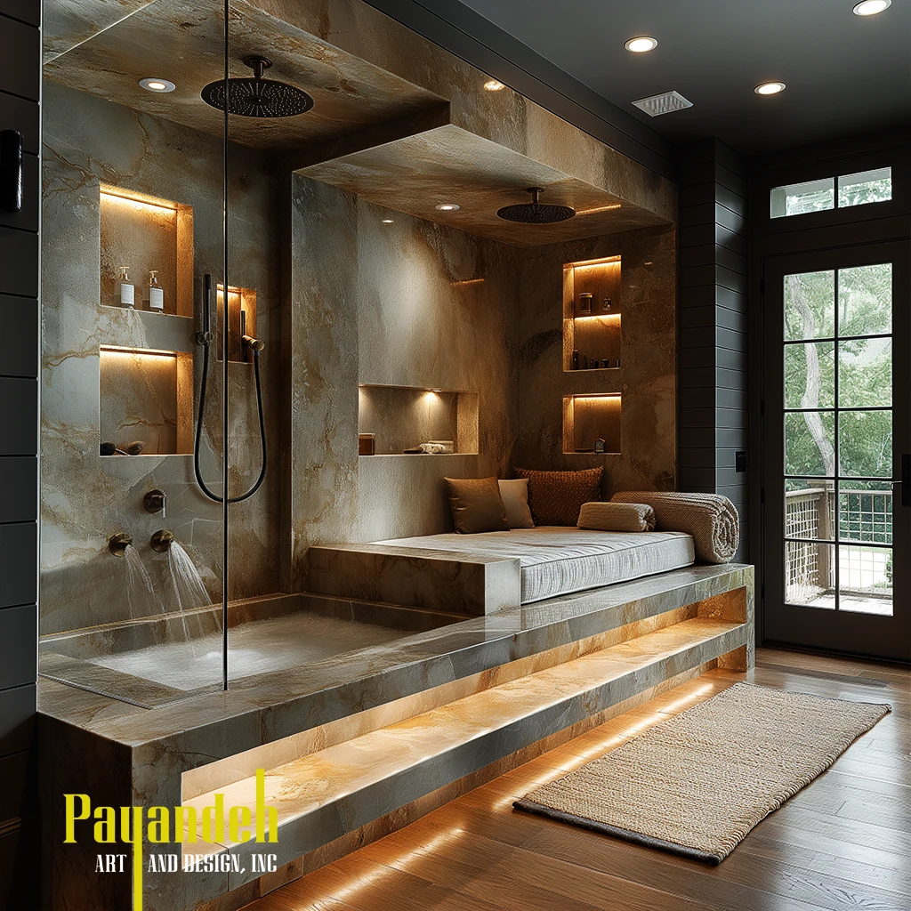 Luxurious bathroom with cream stone walls, bed and small spa