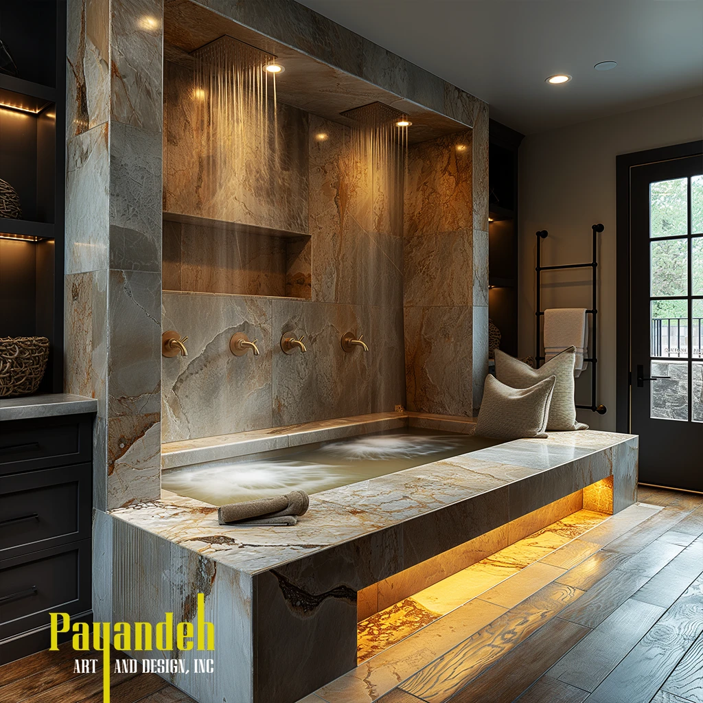 Luxurious bathroom with cream stone walls, bed and small spa