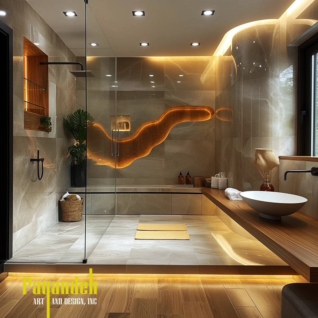Luxurious bathroom with cream stone walls, bed and small spa
