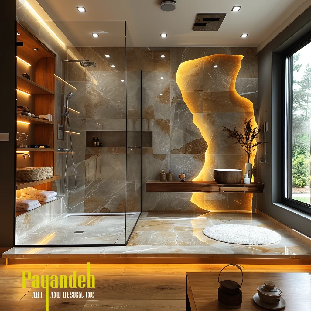 Luxurious bathroom with cream stone walls, bed and small spa