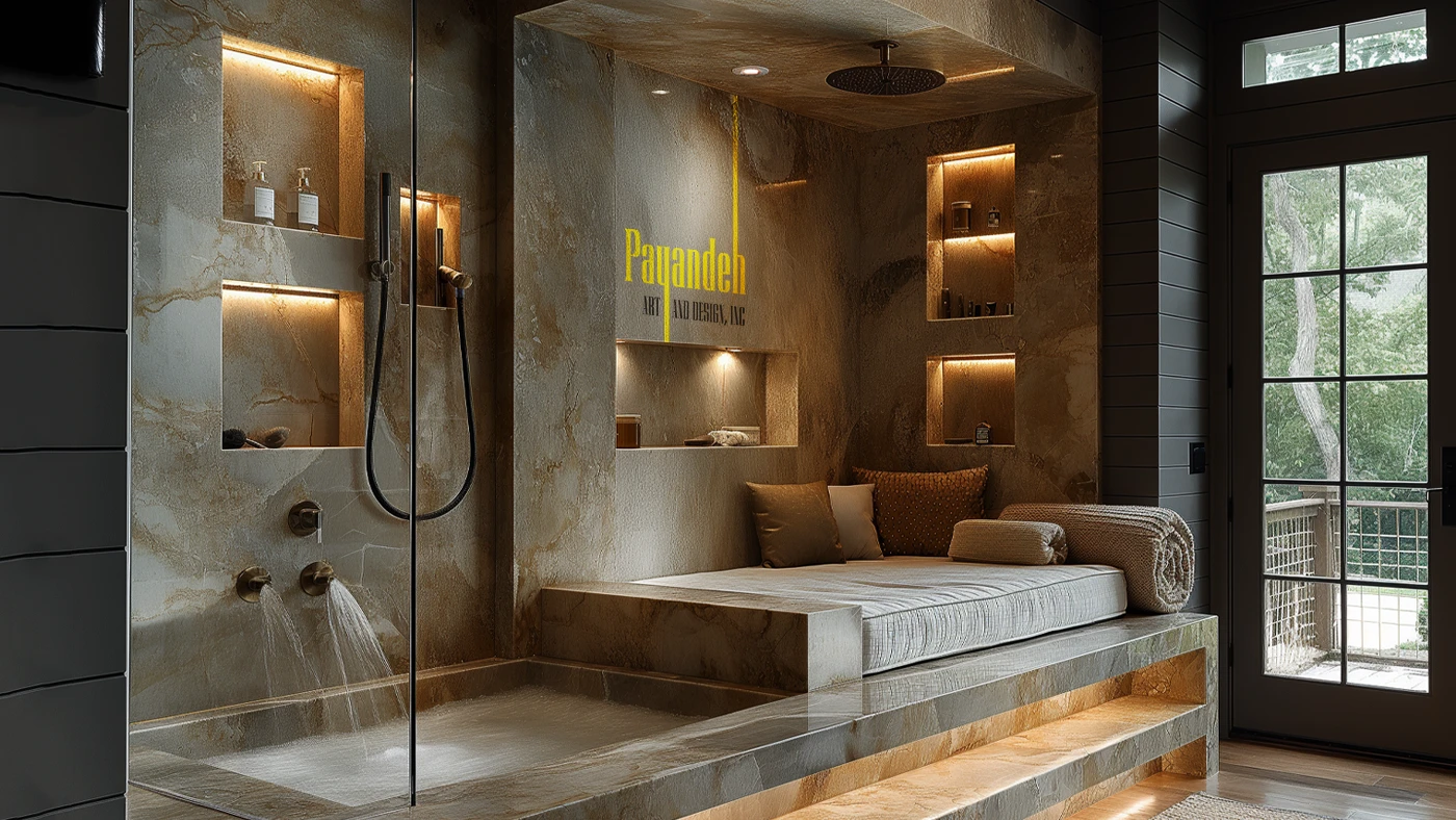 Luxurious Bathroom with Cream Stone Walls